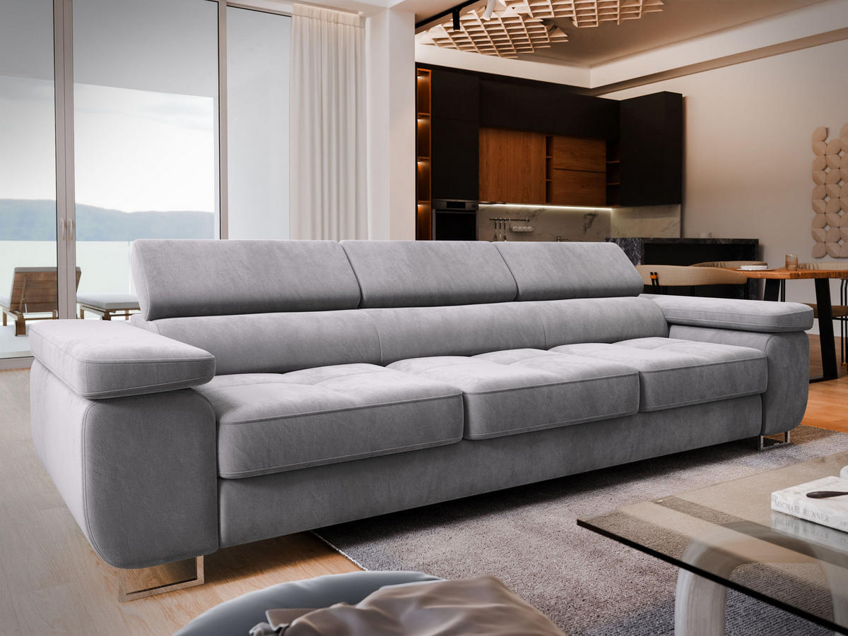 BETTSOFA MOSINE Hellgrau Velours-Stoff mit Schlaffunktion - Hellgrau, Textil (281/87/98cm) - MASSENO