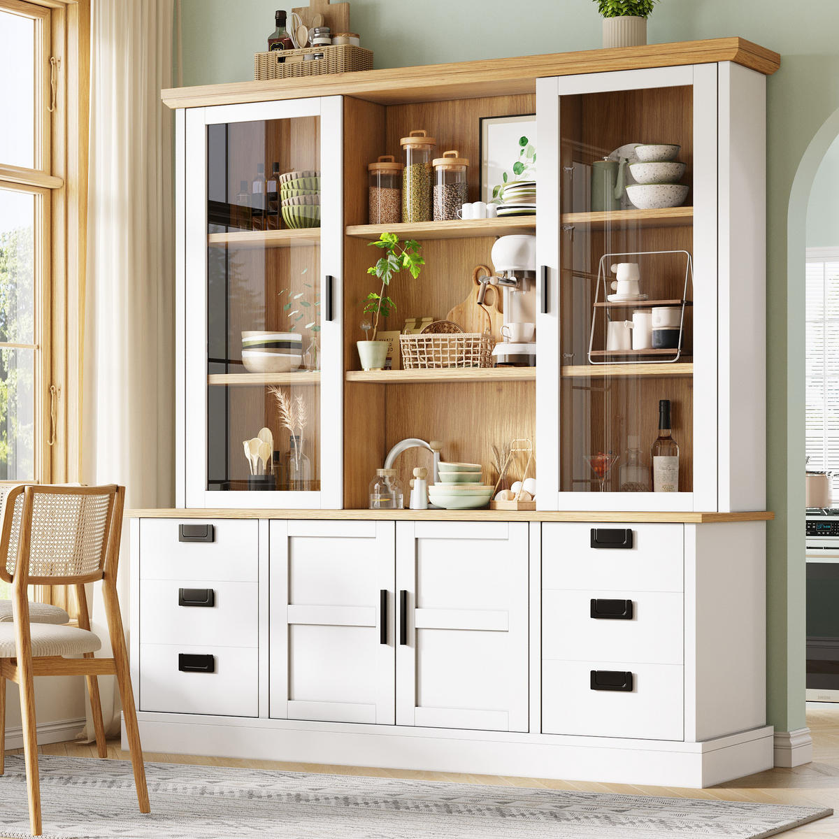 KÜCHENSCHRANK 140x185Cm 6 Schubladen Glastüren - Weiß, Holzwerkstoff (140/185/40cm) - FLIEKS