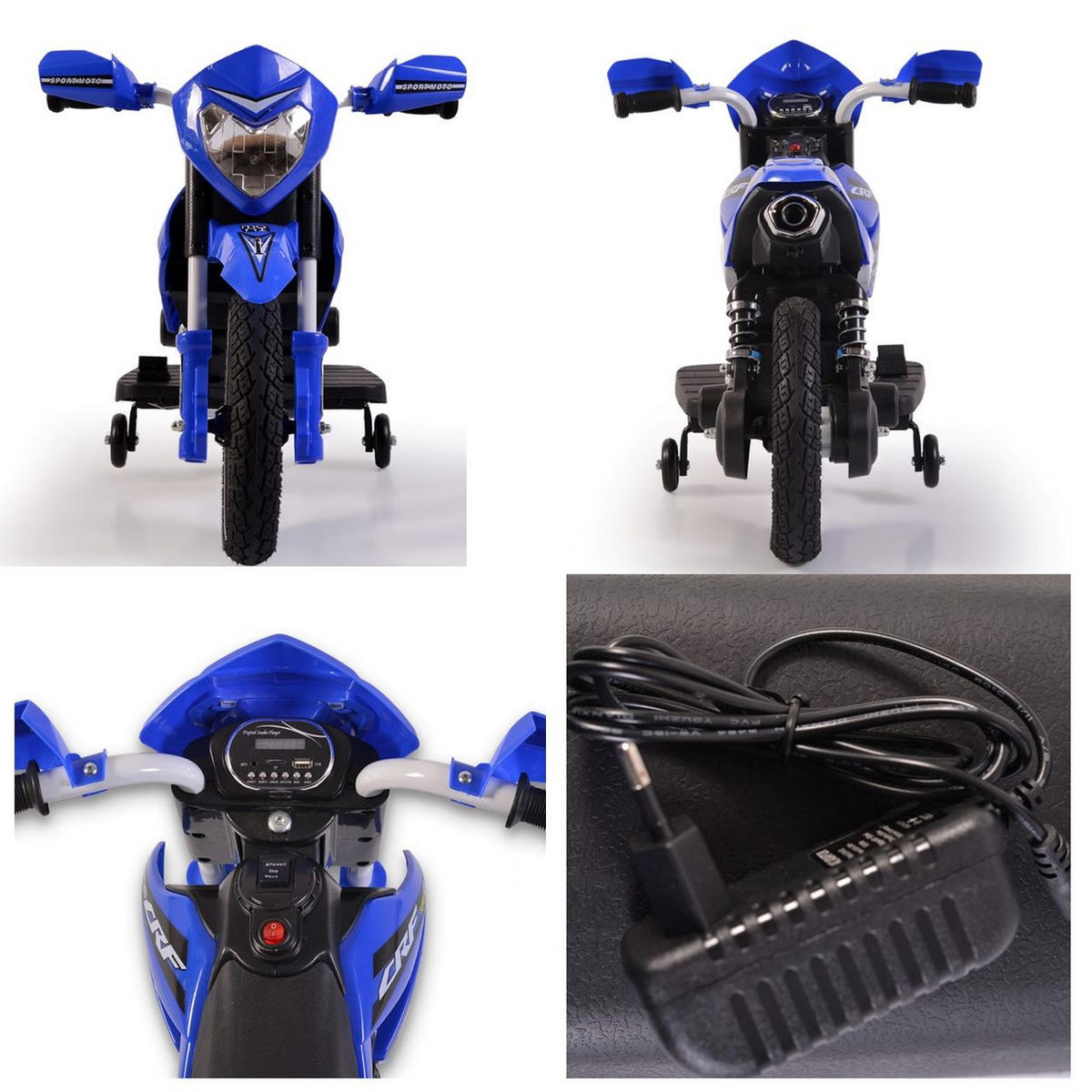 ELEKTROMOTORRAD Super Moto FB-6186 blau Luftreifen Musik Licht Stützräder - Blau, Kunststoff (100/53/60cm) - Moni