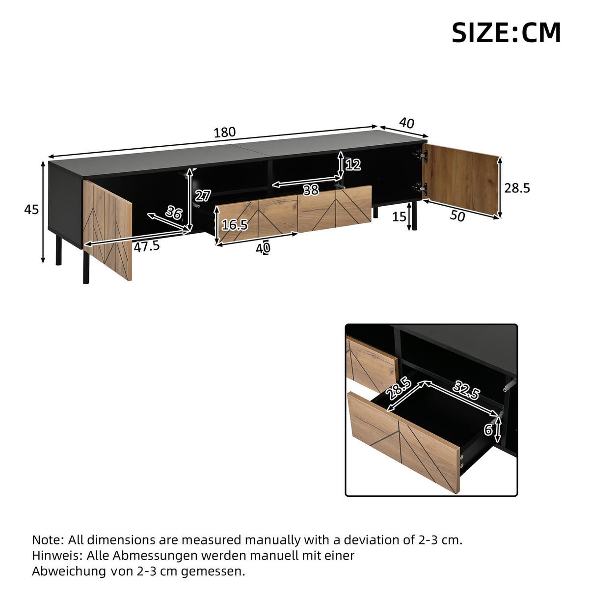 TV-SCHRANK 180cm Schubladen Türen Schwarz Holzoptik Lowboard - Multicolor, Holzwerkstoff (180/45/40cm) - FLIEKS