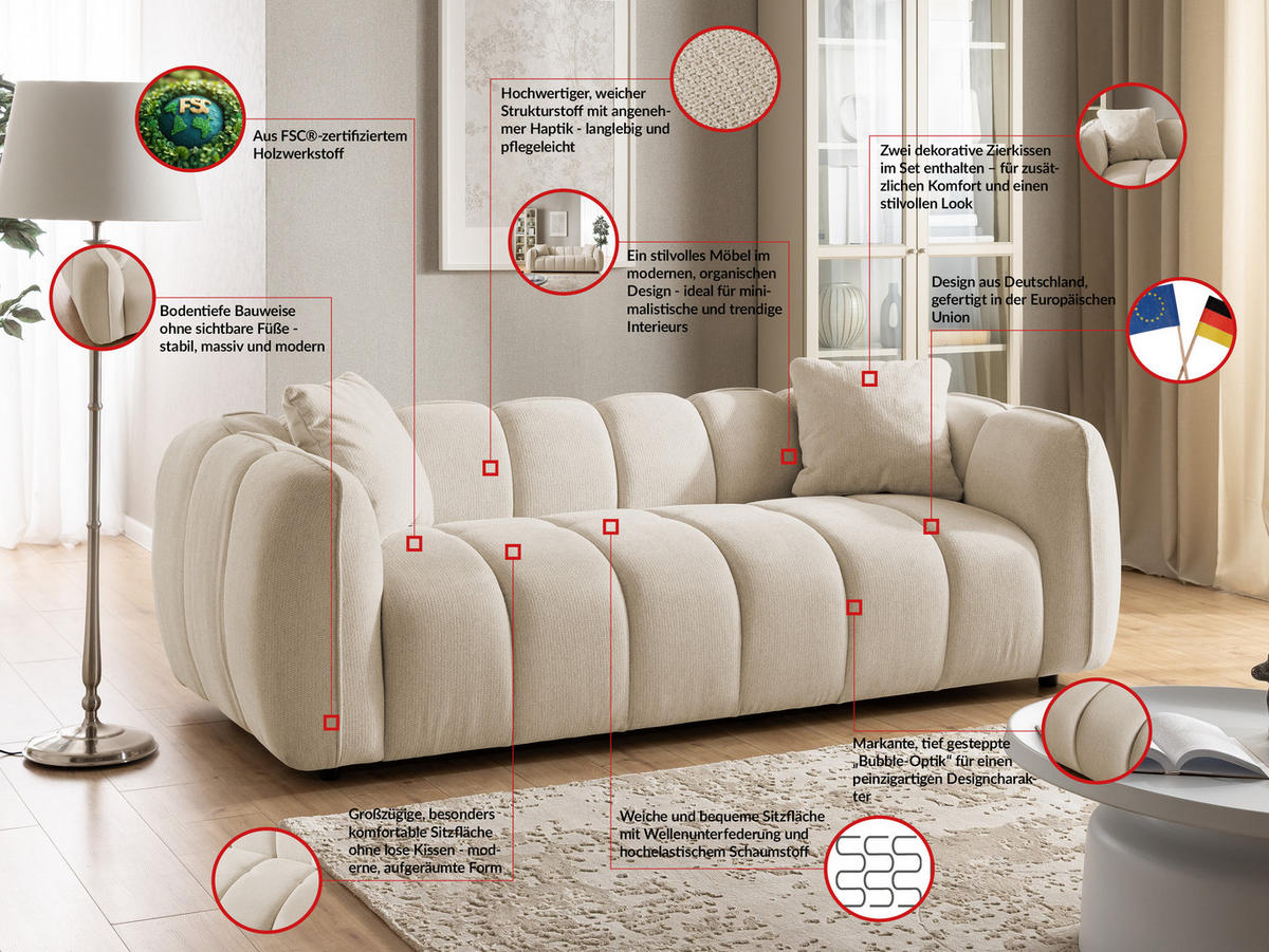 3-SITZER SOFA Nubira in tief gesteppter Bubble-Optik aus weichem Hellbeige Strukturstoff im modernen Design - Beige/Schwarz, Holz/Kunststoff (228/69/89cm) - S-Style Möbel