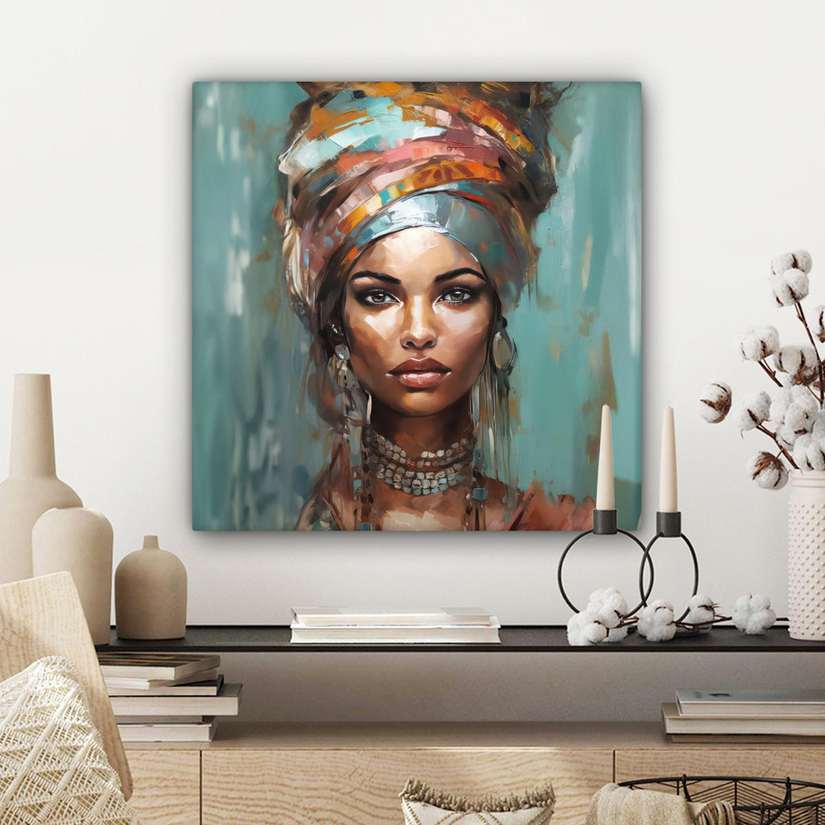 LEINWANDBILD Frau - Kunst - Schmuck - Porträt 50x50 cm - Blaugrau, Textil (50/50cm) - MuchoWow