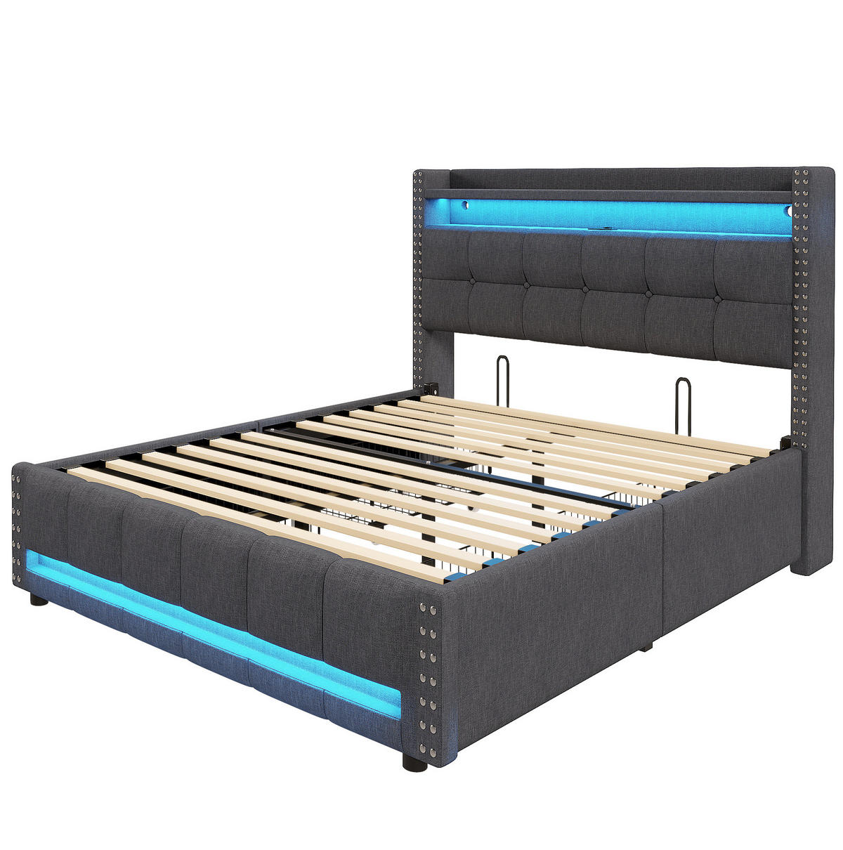 ČALÚNENÁ posteľ 140/200 cm s LED osvetlením, USB portom, policami a 4 zásuvkami, Sivá - sivá, textil (140/200cm) - Redom