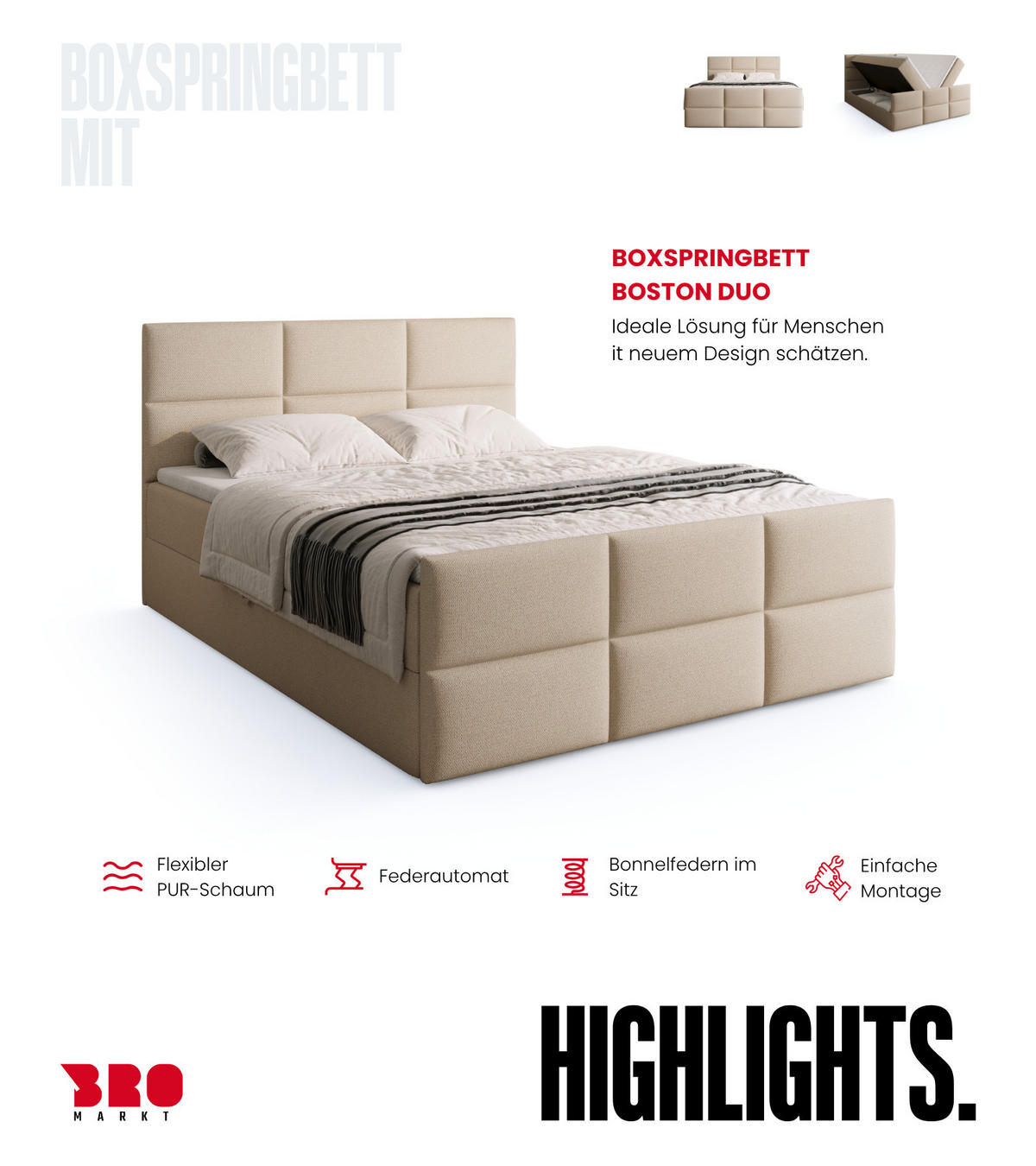 BOXSPRINGBETT Boston Duo Mit Bettkasten, Topper und Matratze Ecru Cosmic 10 140x200 cm - Ecru/Schwarz, Textil (140/200cm) - Bromarkt