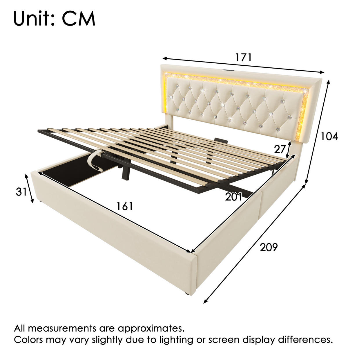 BETT mit LED, Stauraum & USB 160x200 cm Samt Beige inkl. Matratze - Beige, Metall (160/200cm) - Meubliv