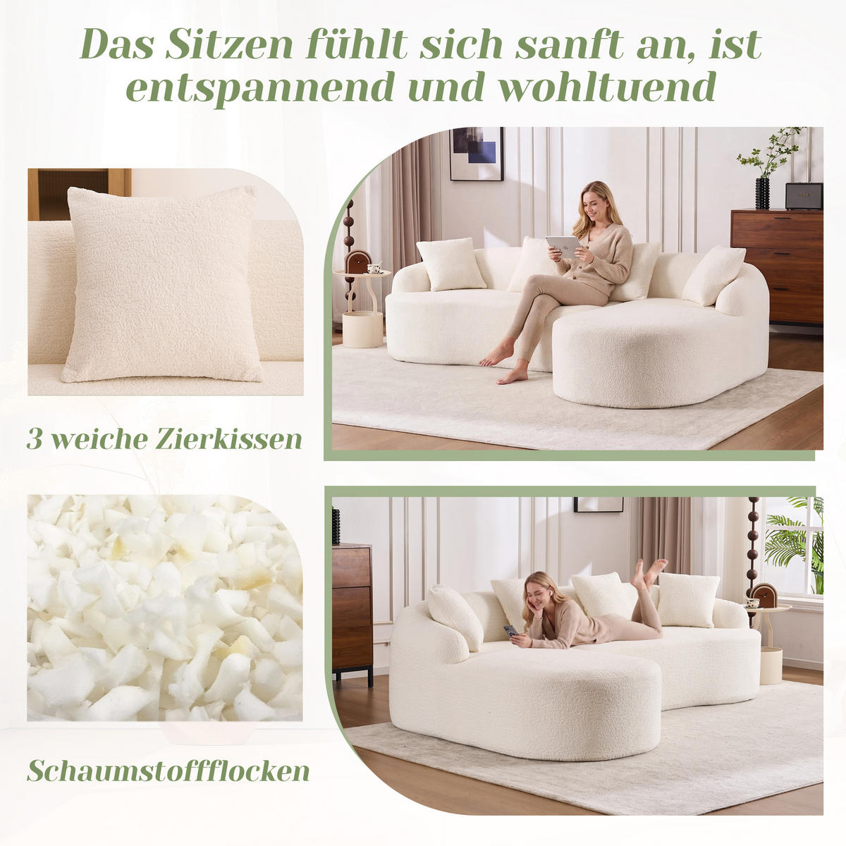 ECKSOFA Chenille Weiß Werkzeugfrei Montierbar - Weiß, Textil (243/150cm) - WISHDOR