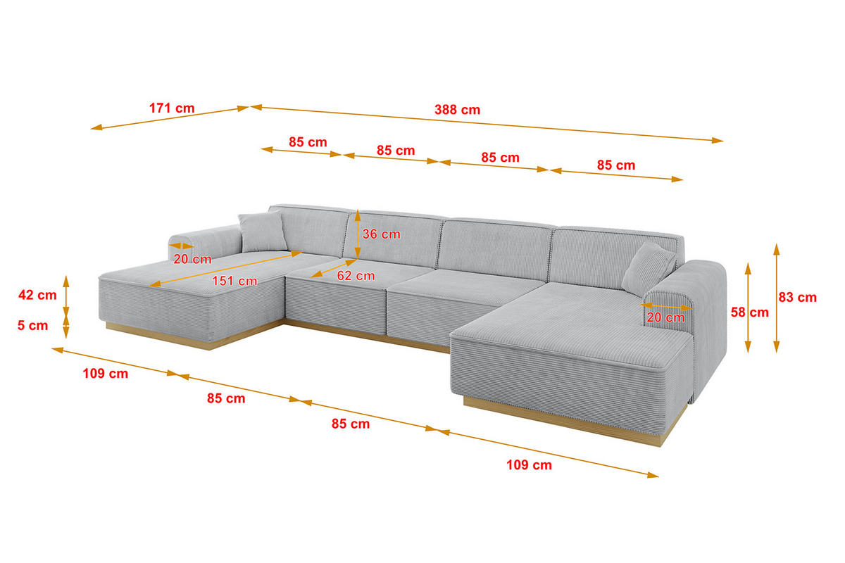 WOHNLANDSCHAFT IREA-U2-v2 - 388x171x83 cm Grau - Grau, Holzwerkstoff/Textil (388/83/171cm) - ALTDECOR