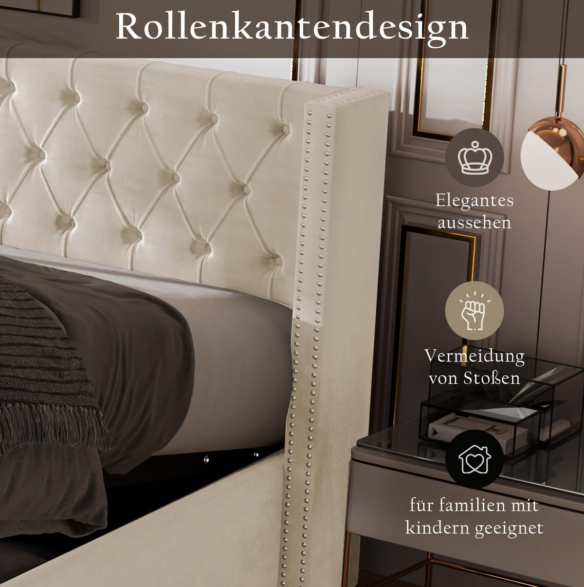 POLSTERBETT aus Samt 180x200 cm Beige mit Bettkasten, Chesterfield-Steppung und Lattenrost - Beige, Textil (180/200cm) - IVMEU
