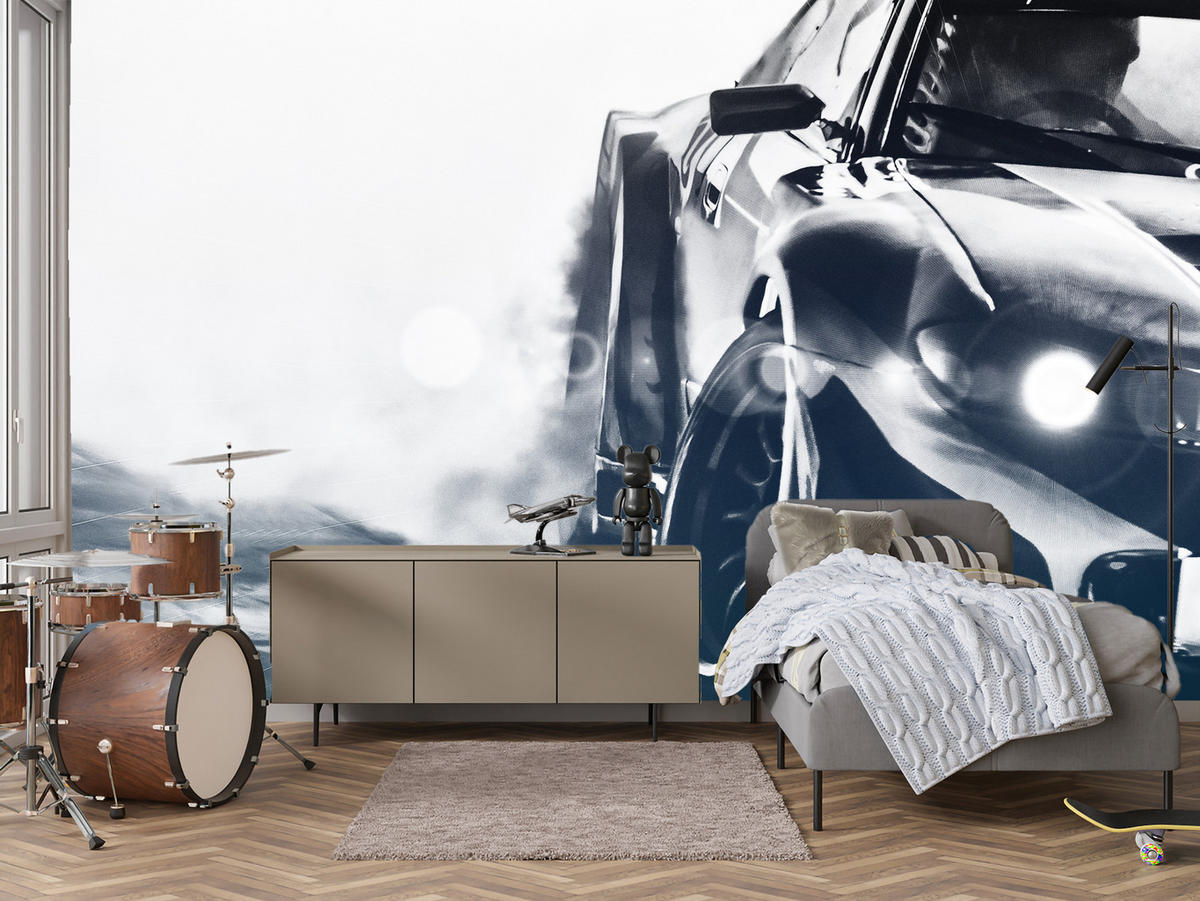 FOTOTAPETE für Jugendzimmer Drift Sportwagen Action 250x175 - Schwarz/Weiß, Papier (250/175cm) - Muralo