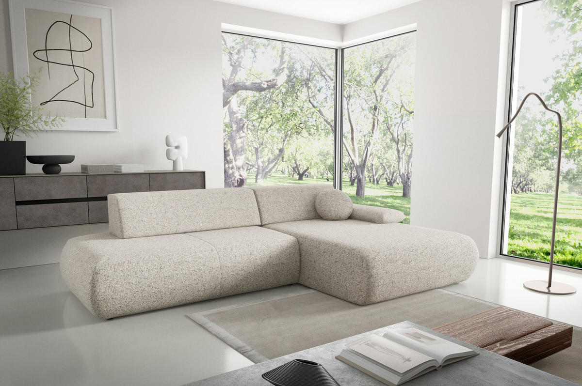 ECKSOFA DELTA R-S Beige Geflochtener Stoff mit Schlaffunktion - Beige, Holz (286/173.5cm) - MASSENO