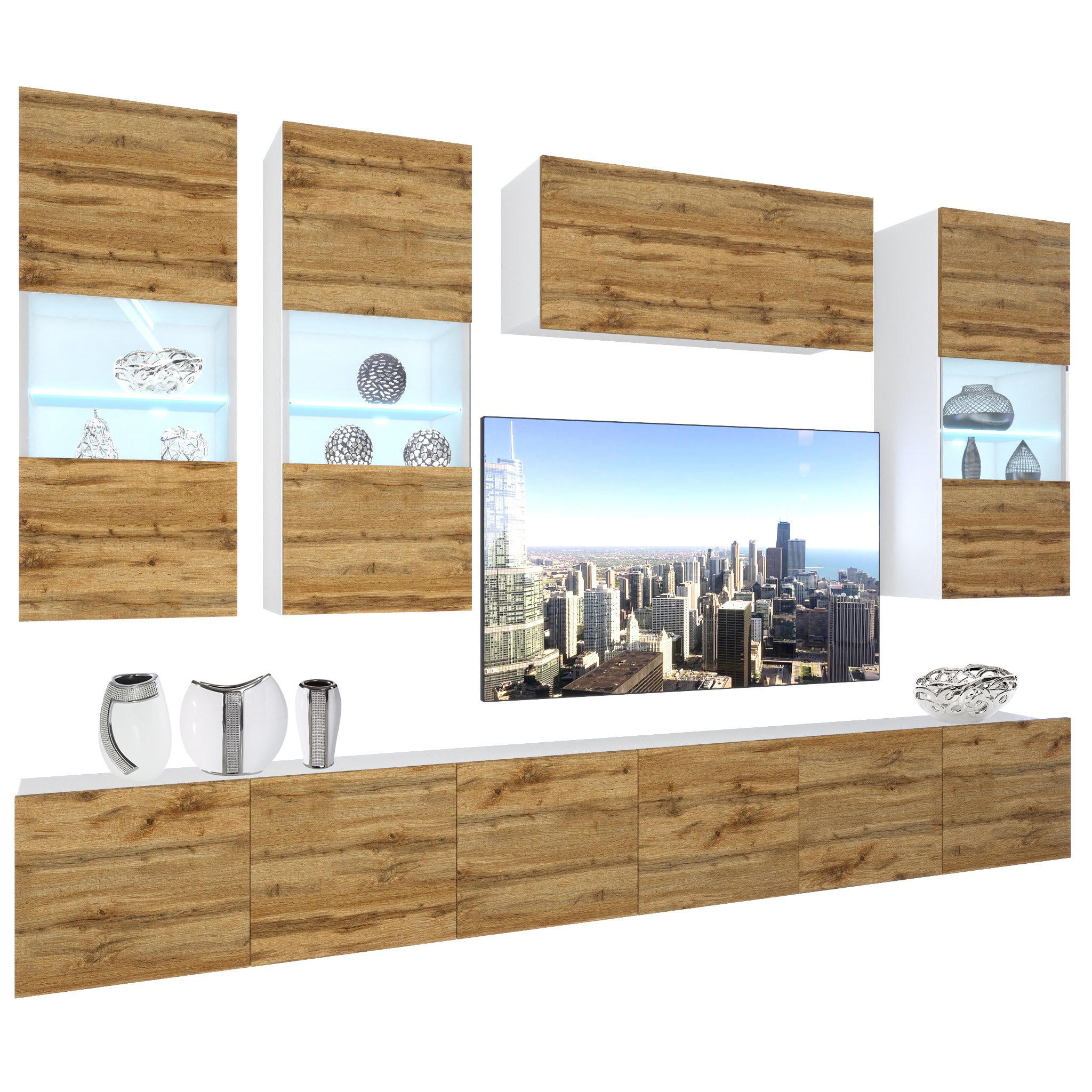 WOHNZIMMERWAND Schrankwand mit LED Wotan-Eiche - Braun, Holz (300/180/36cm) - B BELINI GROUP