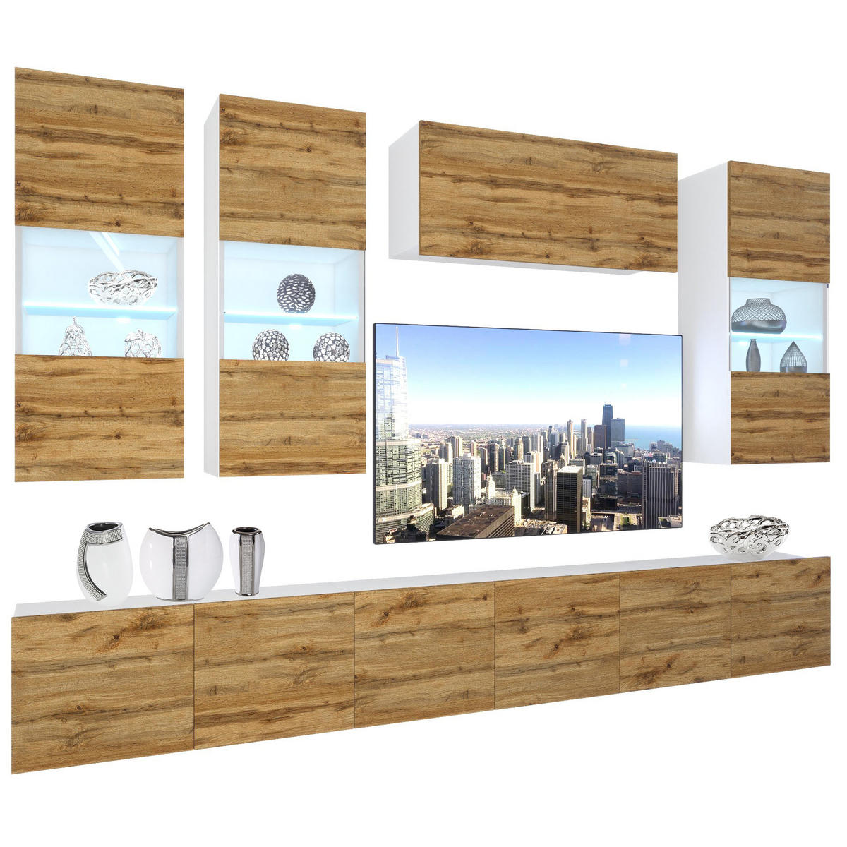 WOHNZIMMERWAND Schrankwand mit LED Wotan-Eiche - Braun, Holz (300/180/36cm) - B BELINI GROUP
