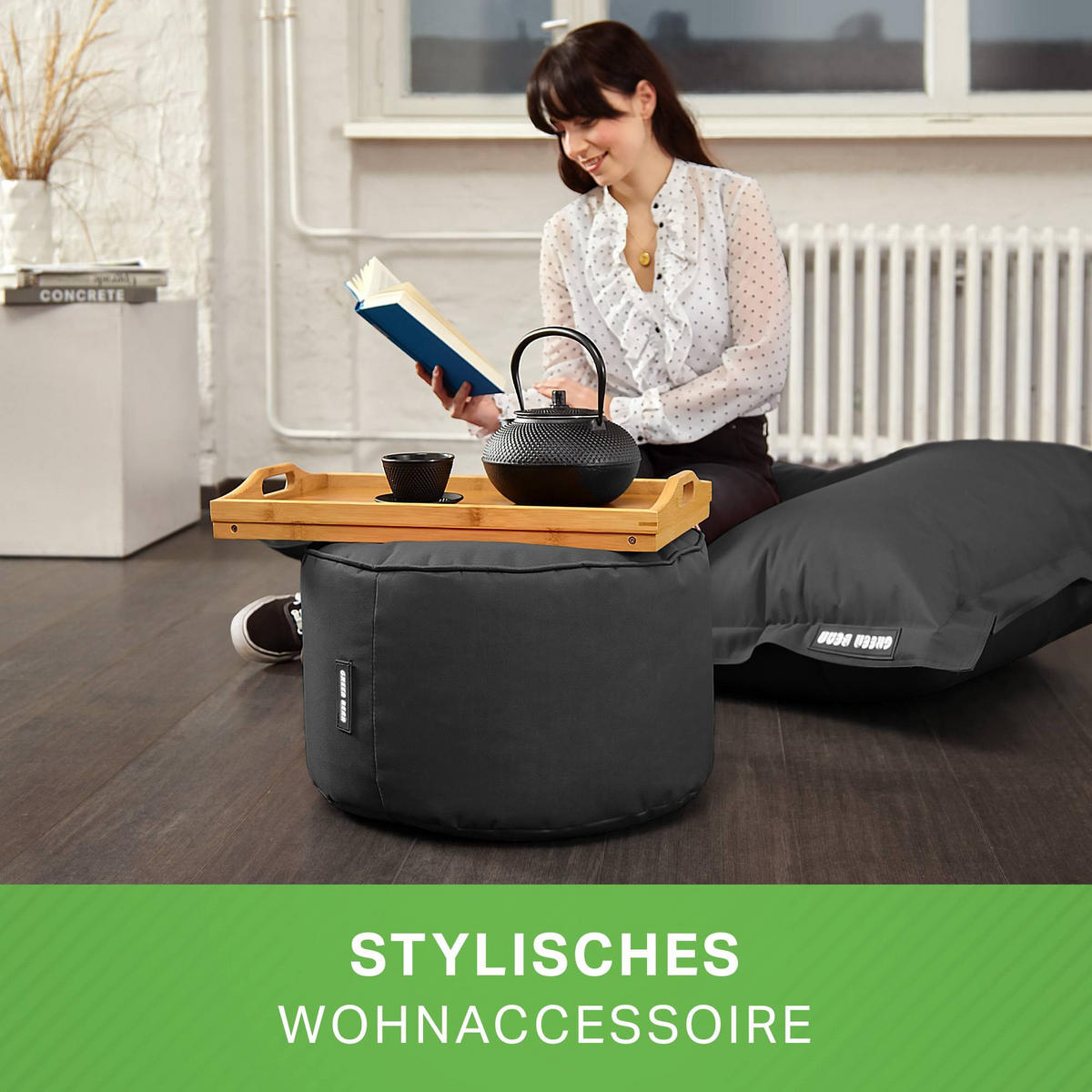 SITZSACK-HOCKER Pouf "Stay" 45x25cm - Schwarz, Textil (45/25/45cm) - Green Bean