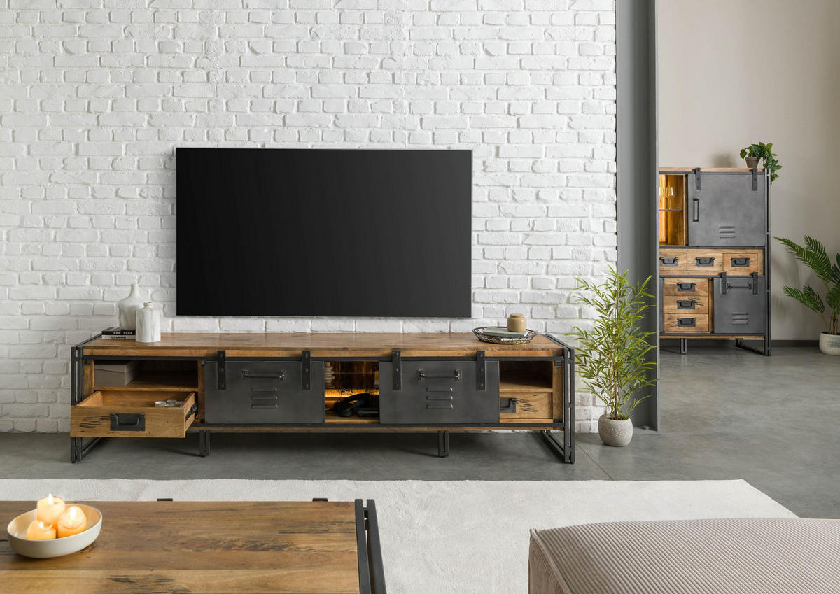 TV-BOARD Mango / Altholz 240x45x55 natur lackiert / Metall grau BLACKBURN LUX #556 - Naturfarben, Holz (240/55/45cm) - Massivmoebel24