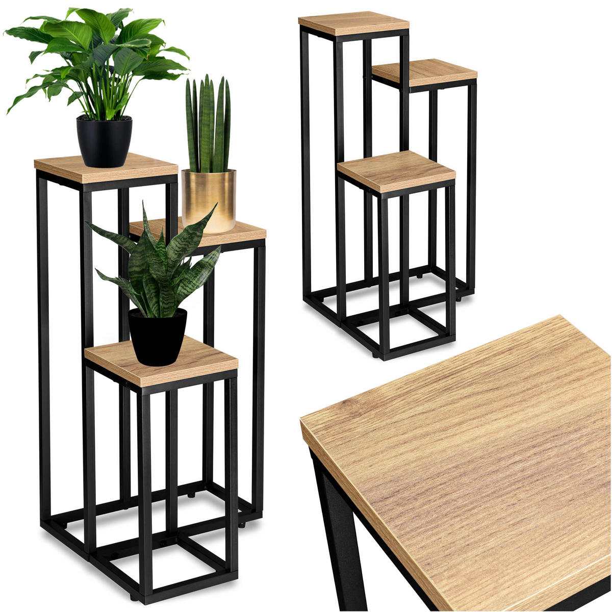 BLUMENSTÄNDER mit 3 Ablagen - Eichefarben, Metall (34/34/67cm) - Mat-Haus