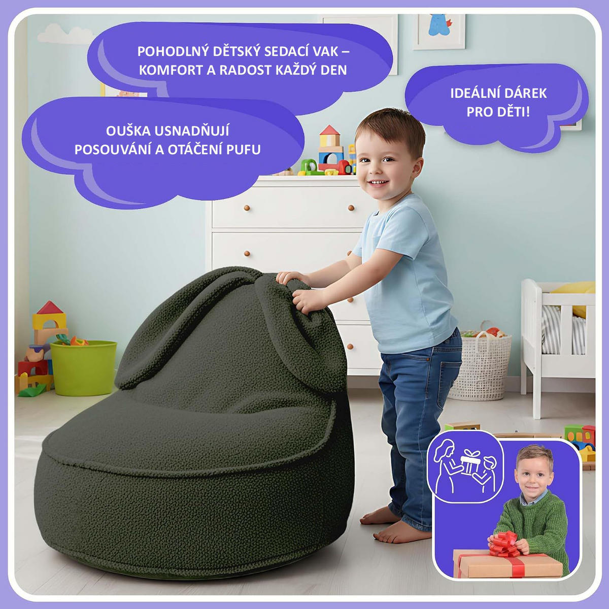 SITZSACK FÜR KINDER Hase 75/75/55 cm, weicher Bouclé 315 g/m², abnehmbarer Bezug, Forest Whisper - Dunkelgrün, Textil (75/55/75cm) - Dreamroots