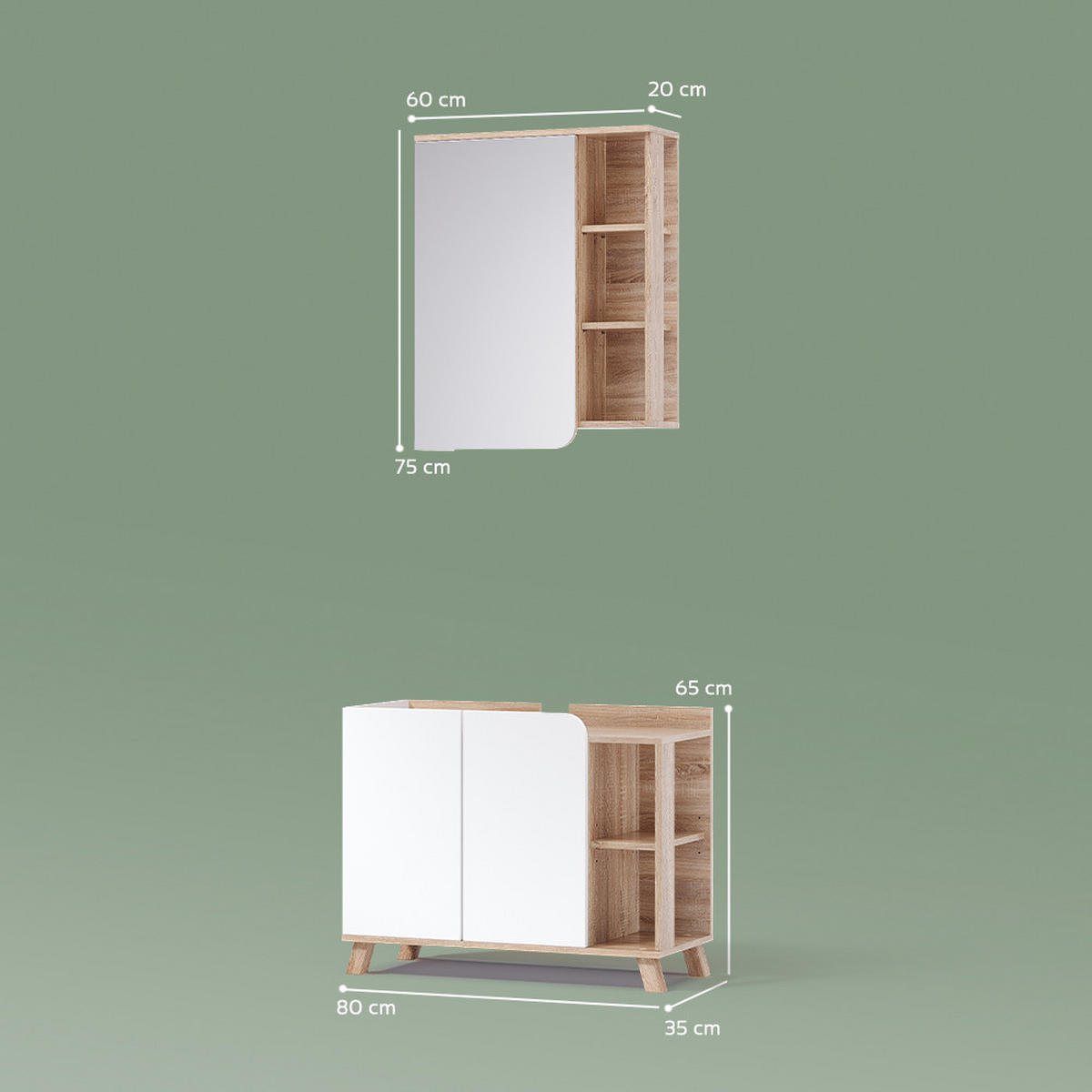 KOMPLET KOPALNIŠKEGA POHIŠTVA Marano, Sonoma/Bela, 2-delni - bela/hrast sonoma, leseni material (80/65/35cm) - Livinity®