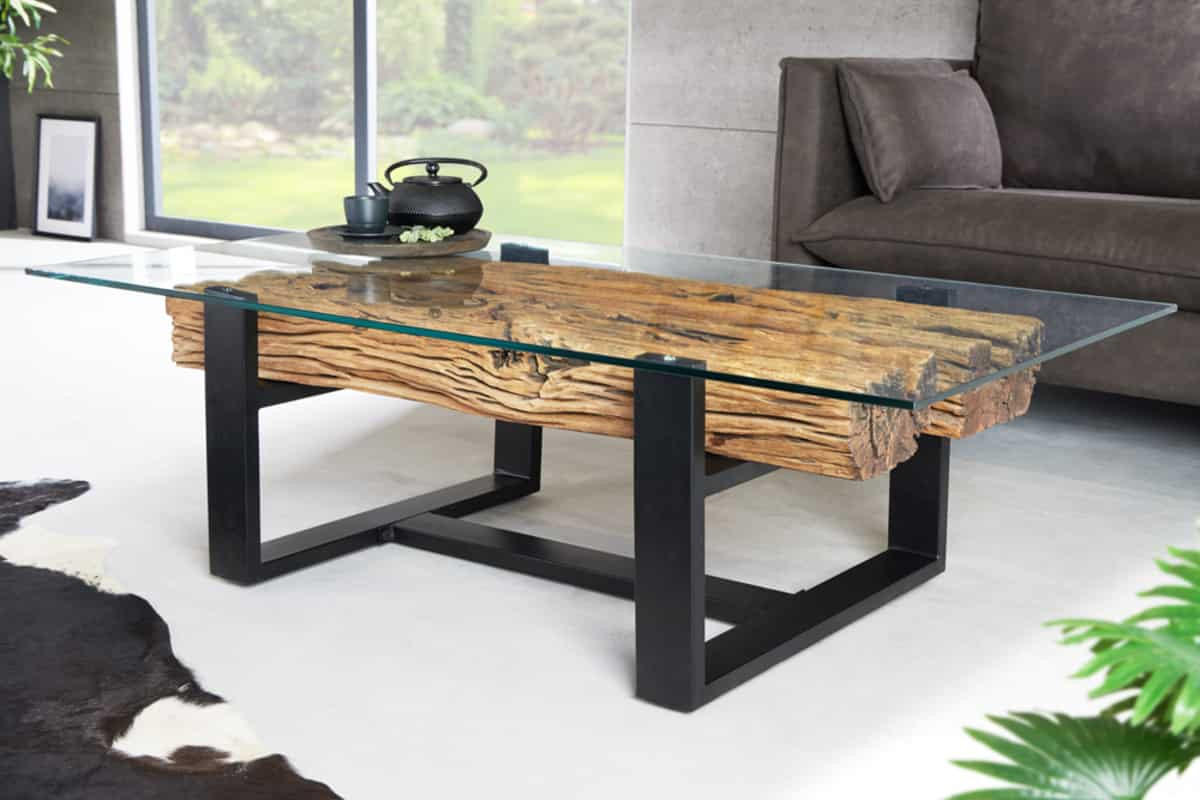 COUCHTISCH BARRACUDA Teakholz rechteckig Natur|Transparent|Schwarz 130cm - Transparent/Schwarz, Glas/Holz (70/130/42cm) - riess-ambiente