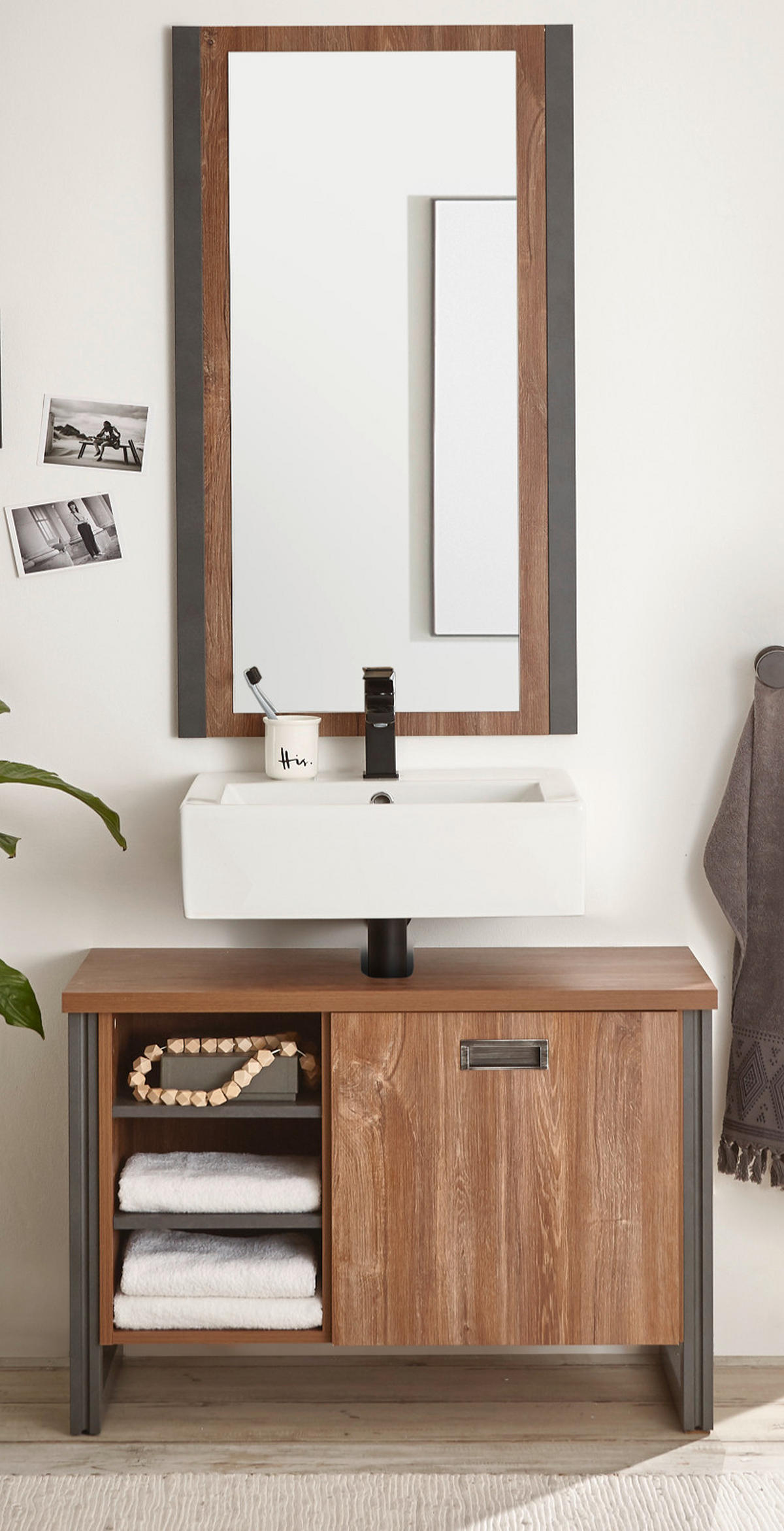 BADMÖBEL-SET 2-teilig Eiche Stirling, Matera grau, Badkombination Waschbeckenunterschrank, Spiegel 81 x 205 cm - Eichefarben/Grau, Holzwerkstoff (81/205/40cm)