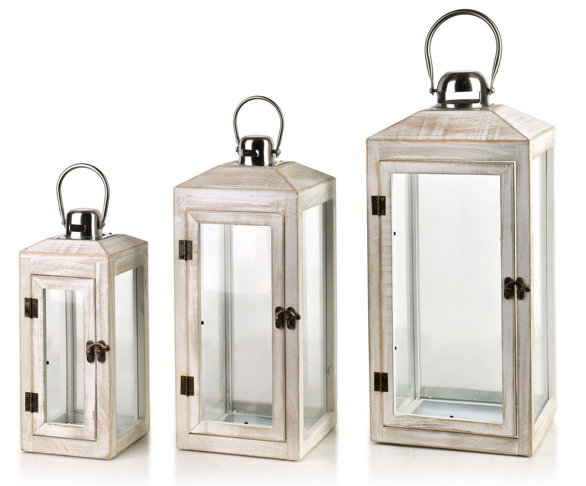 LATERNE Levi 3er Set Beige 20/20/47 cm Holz - Beige, Holz (20/47/20cm) - Mondex