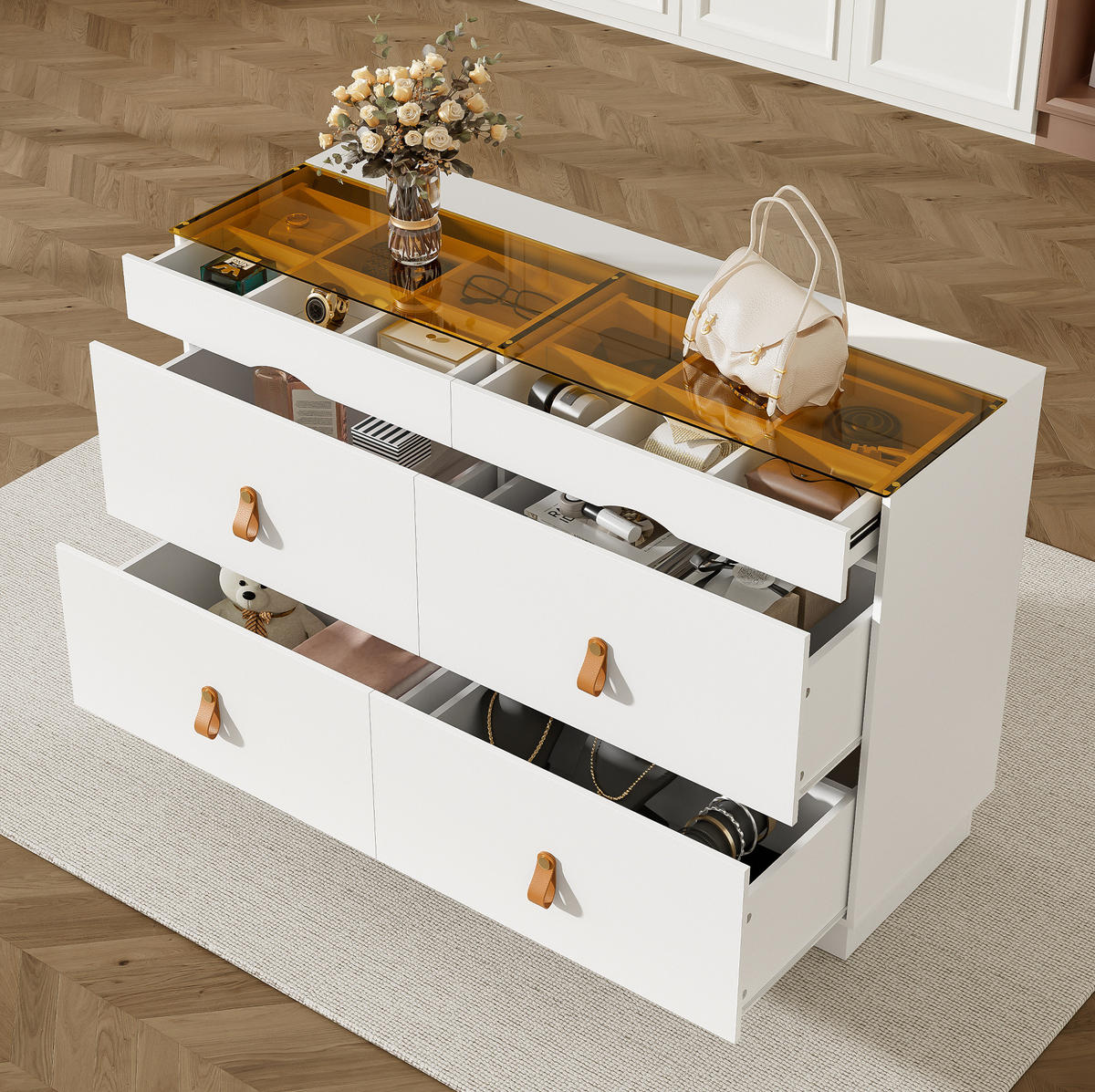 KOMODA z MDF a skla 120x40x78 cm biela so 6 zásuvkami, sklenenou doskou a členitým úložným priestorom - biela, sklo (120/78/40cm) - Modfu