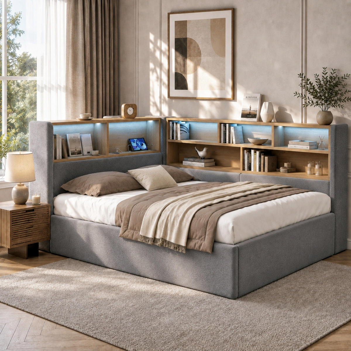 TAGESBETT aus Samt 140x190 cm Grau mit hydraulischem Stauraum, LED-Beleuchtung und USB-C-Anschluss - Grau, Textil (140/190cm) - Modfu