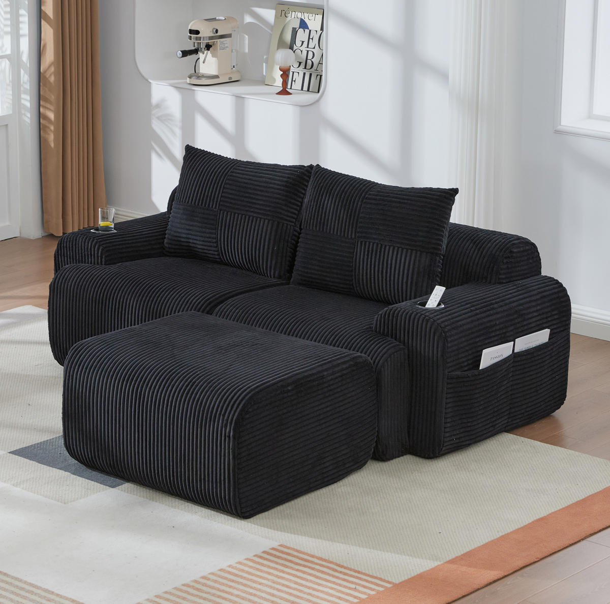SOFA 200/174/80 cm in Schwarz aus Cord mit Cupholder und Aufbewahrungstasche - Schwarz, Textil (174/80/200cm) - Flora Grace