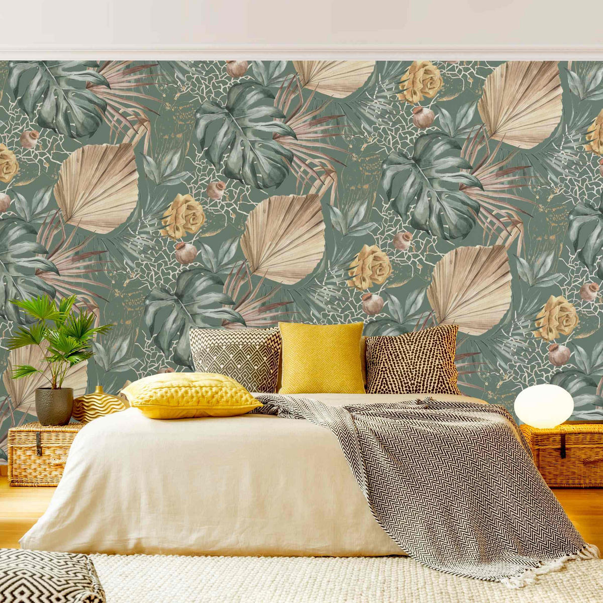 FOTOTAPETE Große Blätter mit Rosen vor Grün 432/290 cm - Grün, Papier (432/290cm) - Bilderwelten