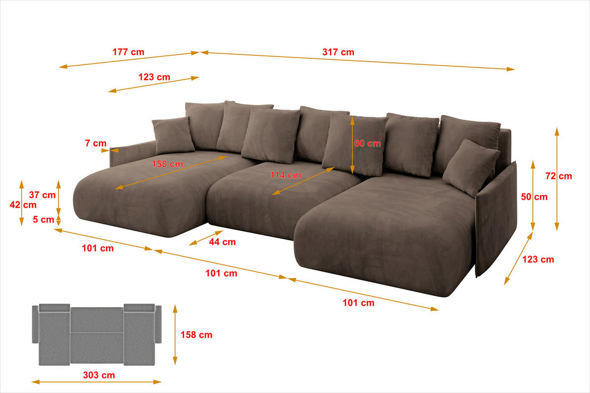 WOHNLANDSCHAFT mit Schlaffunktion und Bettkasten ONESK-U-v1 317x177x72 Braun Velours - Braun, Holzwerkstoff/Kunststoff (317/72/177cm) - ALTDECOR