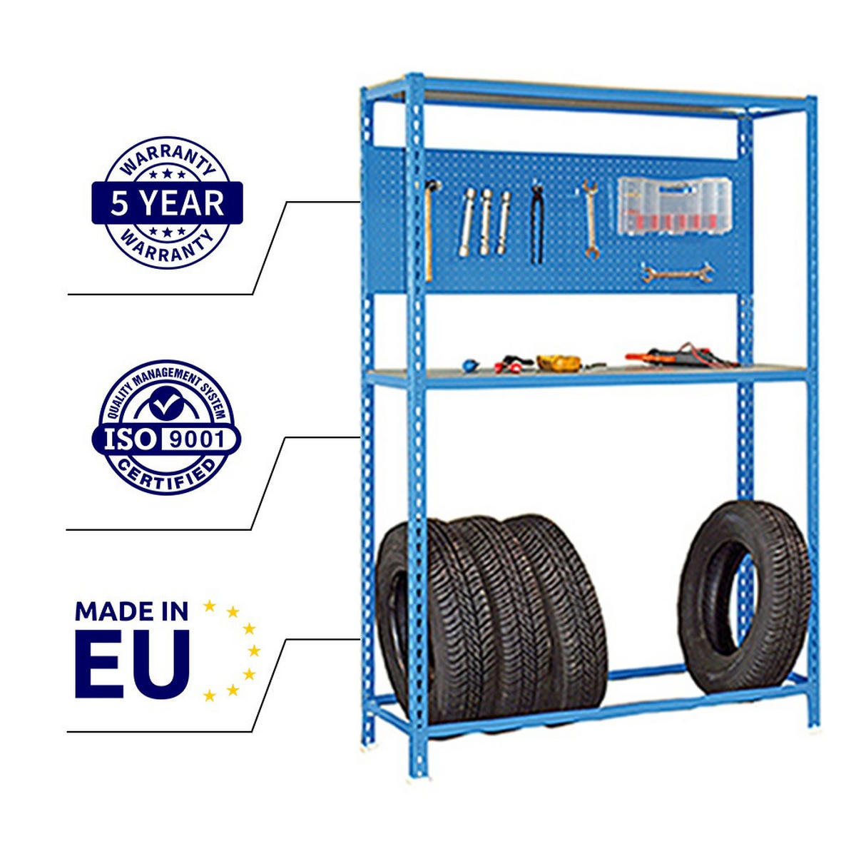 REIFENREGAL mit Arbeitsfläche Metal Shark NO.4 HxBxT 200 x 100 x 40 cm 6 Reifen Blau - Blau, Metall (100/200/40cm) - PROREGAL