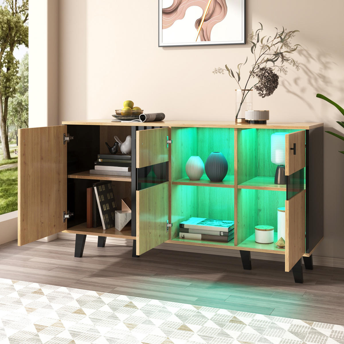 SIDEBOARD mit 3 Türen 140 x 78,5 x 41 cm Holzoptik Schwarz - Braun, Glas (140/78.5/41cm) - Meubliv