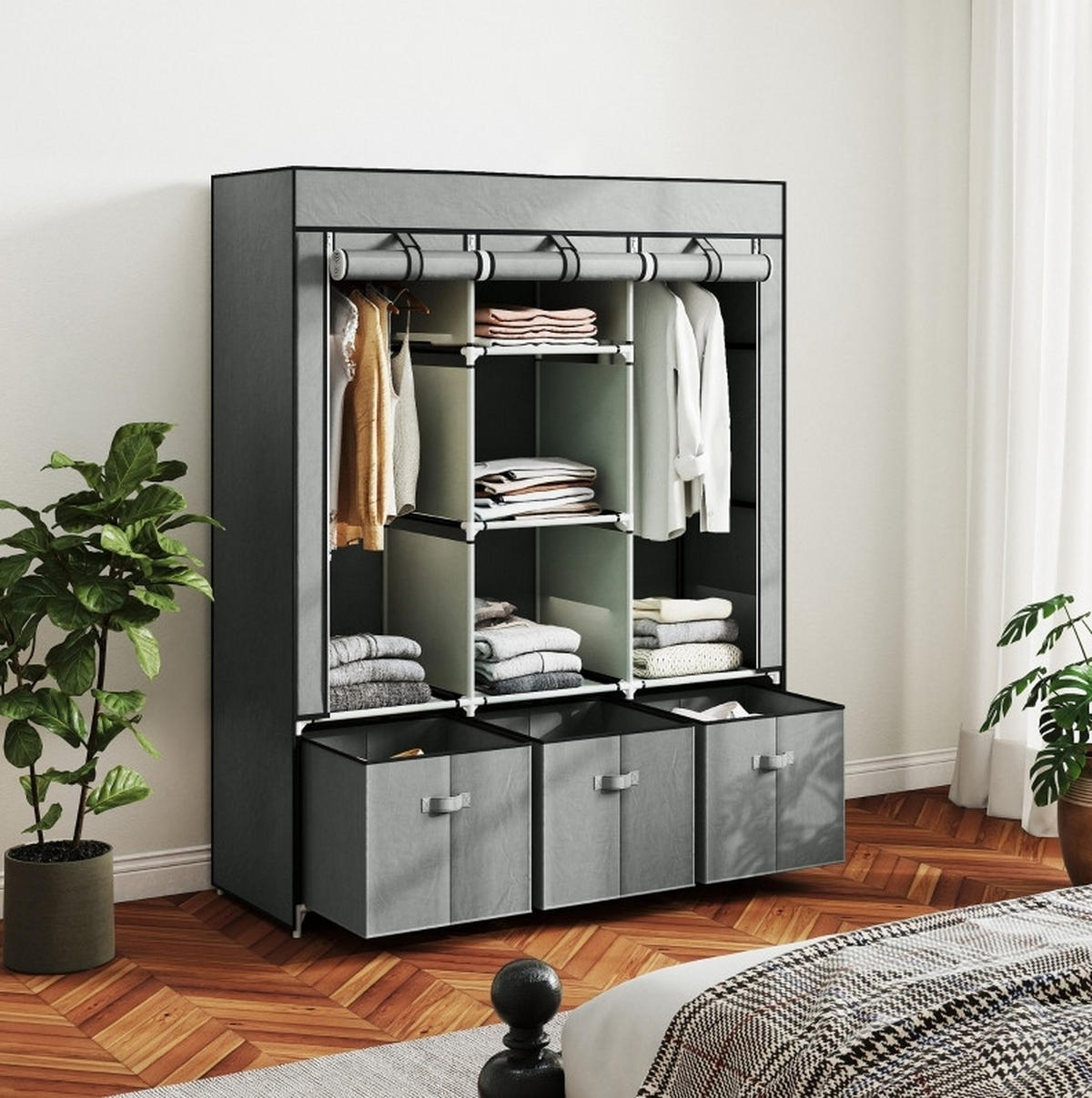KLEIDERSCHRANK 125/43/162,5 cm hellgrau aus Stahl mit 3 Schubladen - Hellgrau, Metall (43/162.5/125cm) - OKWISH