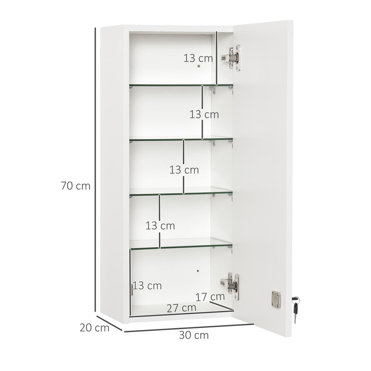 MEDIZINSCHRANK mit verstellbarer Ablage, abschließbar, für Badezimmer, Weiß - Weiß, Glas (20/70/30cm) - Kleankin