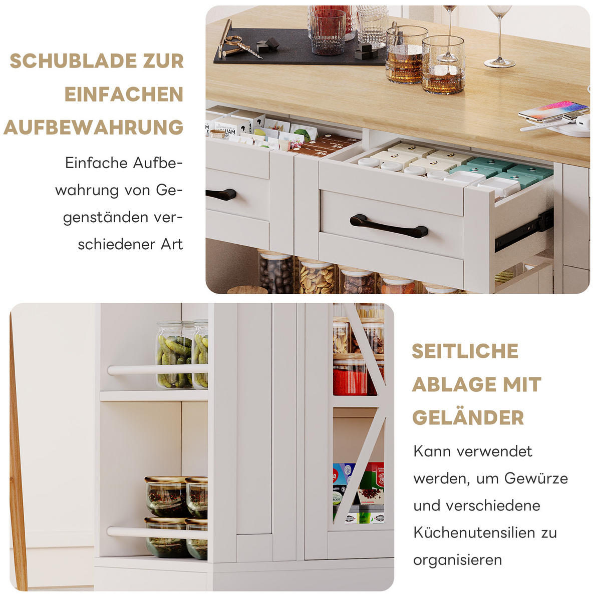 KÜCHENINSEL 120/92/40(65) cm Weiß/Natur aus MDF mit Klapptisch - Weiß, Holzwerkstoff (65/92/120cm) - OKMYHOME