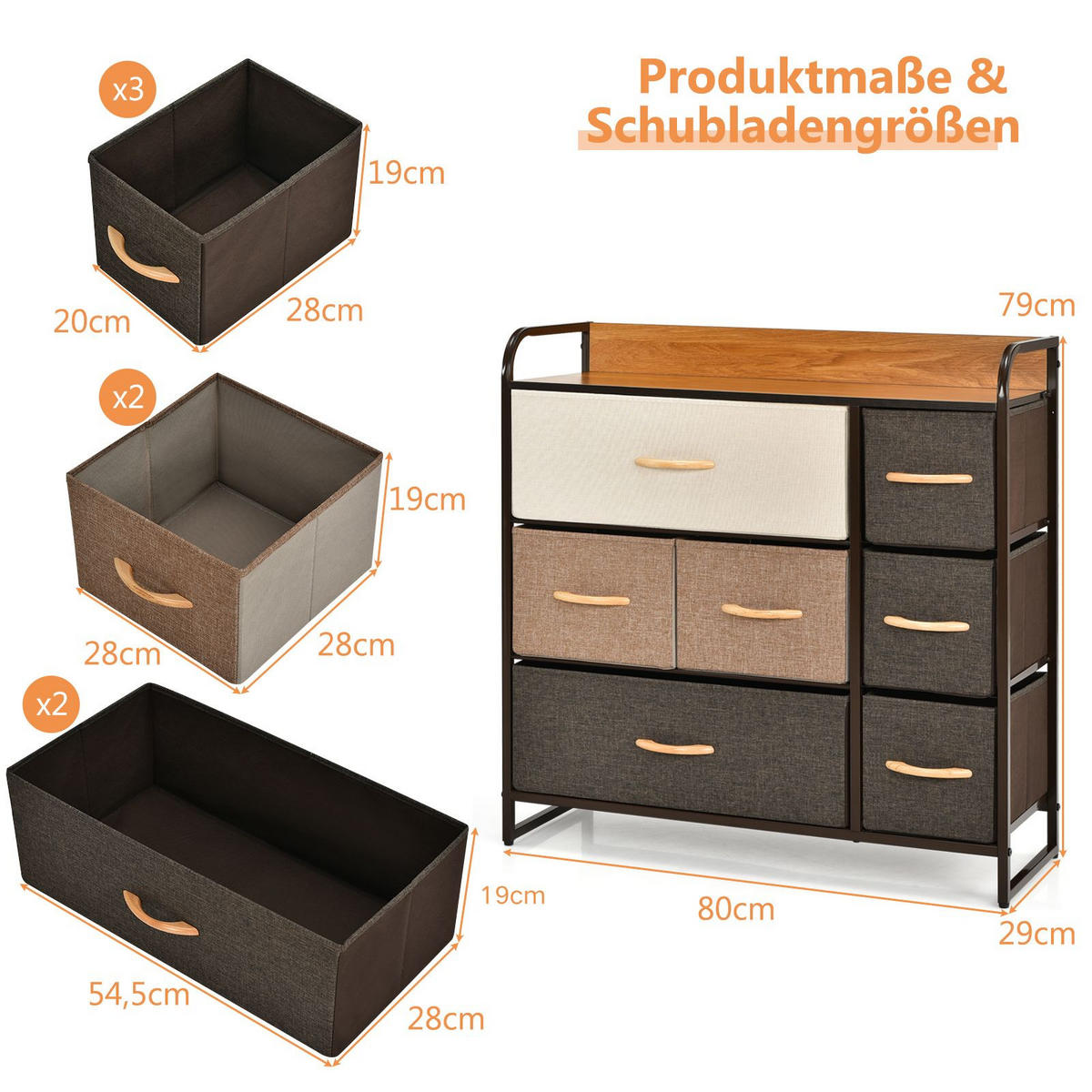 KOMMODE mit 7 Schubladen Braun - Braun, Holz (29/79/80cm) - COSTWAY
