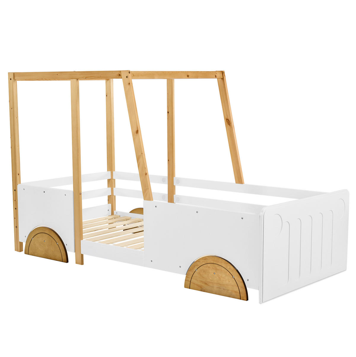 KINDERBETT 90/200 cm in Autoform mit Rundum-Schutz und MDF-Rädern, Weiß/Natur - Weiß, Holz (90/200cm) - Redom