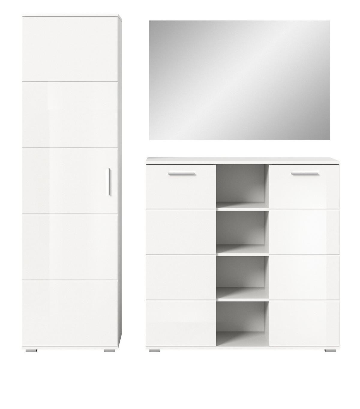 GARDEROBE Set 3-teilig weiß Hochglanz 180 cm, Kombination mit 13 Fächern - Weiß Hochglanz/Silberfarben, Glas/Holzwerkstoff (180/191/37cm) - Inn.Furn