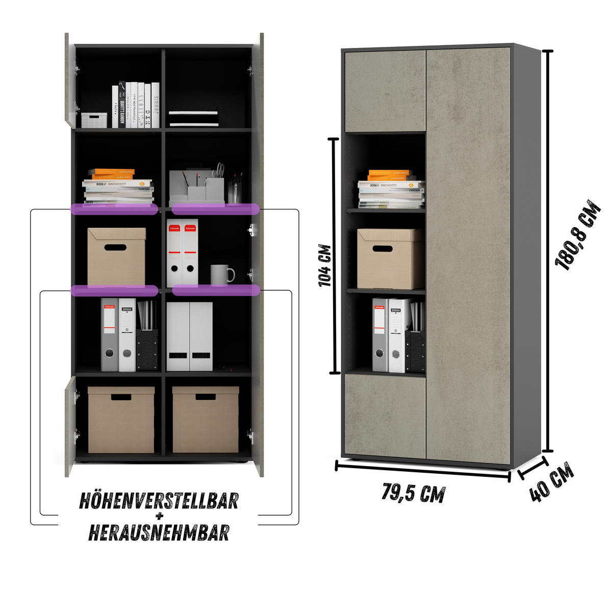 AKTENSCHRANK Amira T30 Beton Oxid 180/80/40 cm - Hellgrau, Holzwerkstoff (80/180/40cm) - SIMPLYFURN