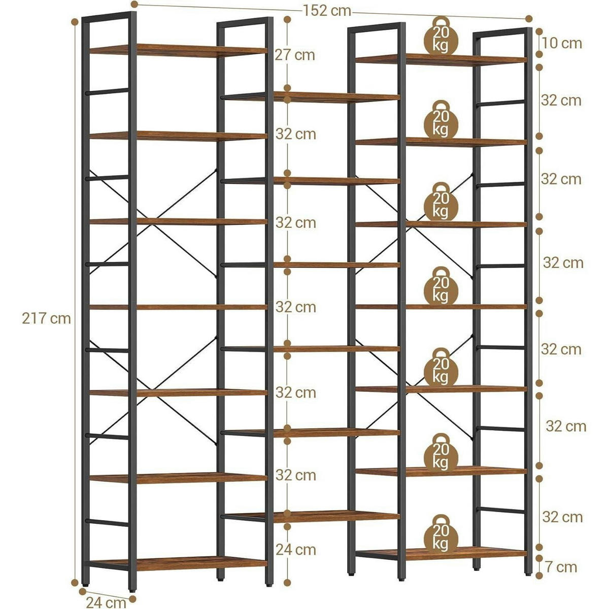 BÜCHERREGAL 7 Etagen Braun-Schwarz 24 x 152 x 217 cm - Braun, Holzwerkstoff (152/217/24cm)