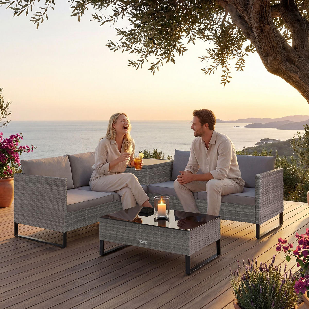 RATTANLOUNGE Ostuni, mit Sicherheitsglasplatte, grau-meliert/grau - Grau, Kunststoff - tectake