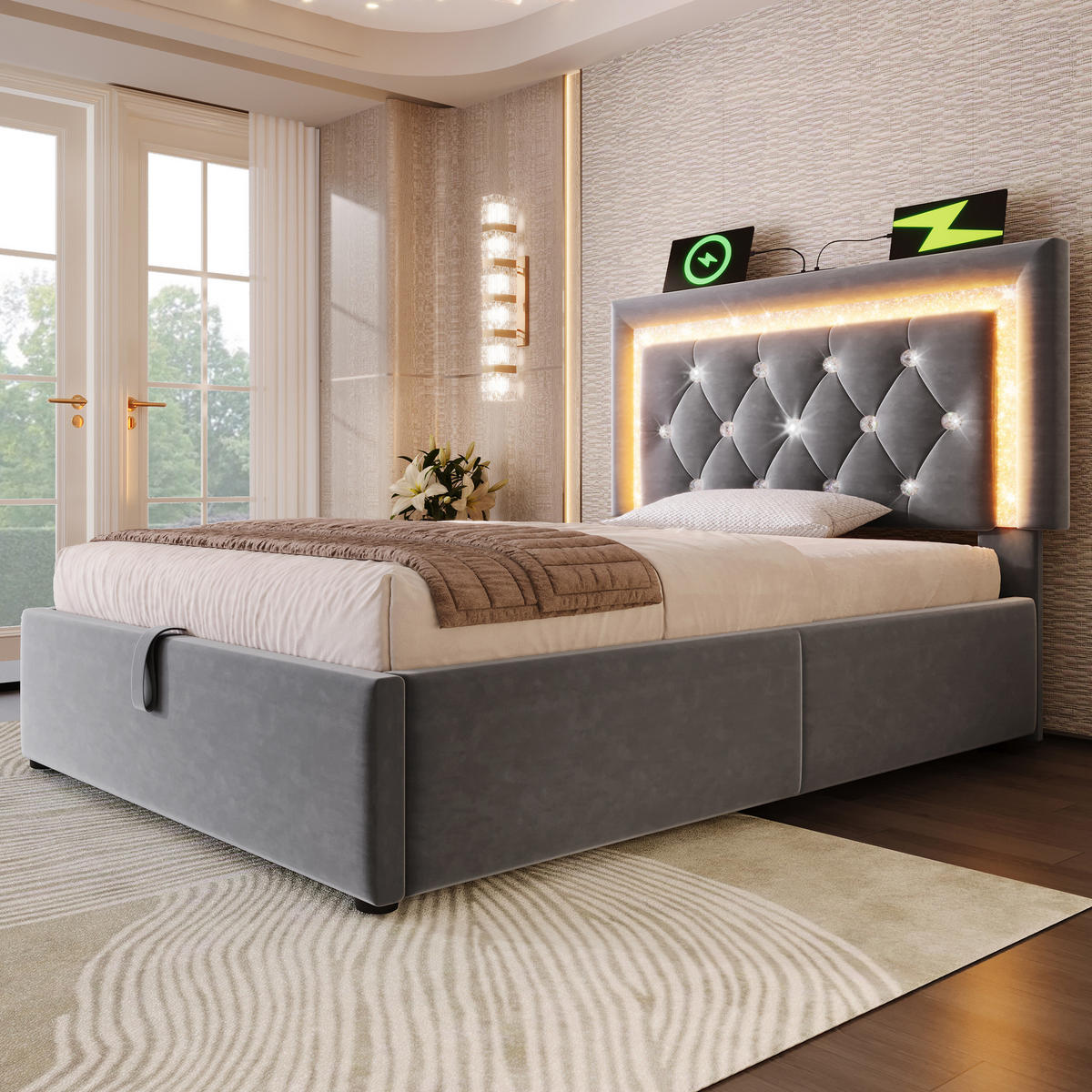 POLSTERBETT 90/200 cm Grau aus Samt mit LED-Beleuchtung und Bettkasten - Grau, Textil (90/200cm) - OKWISH