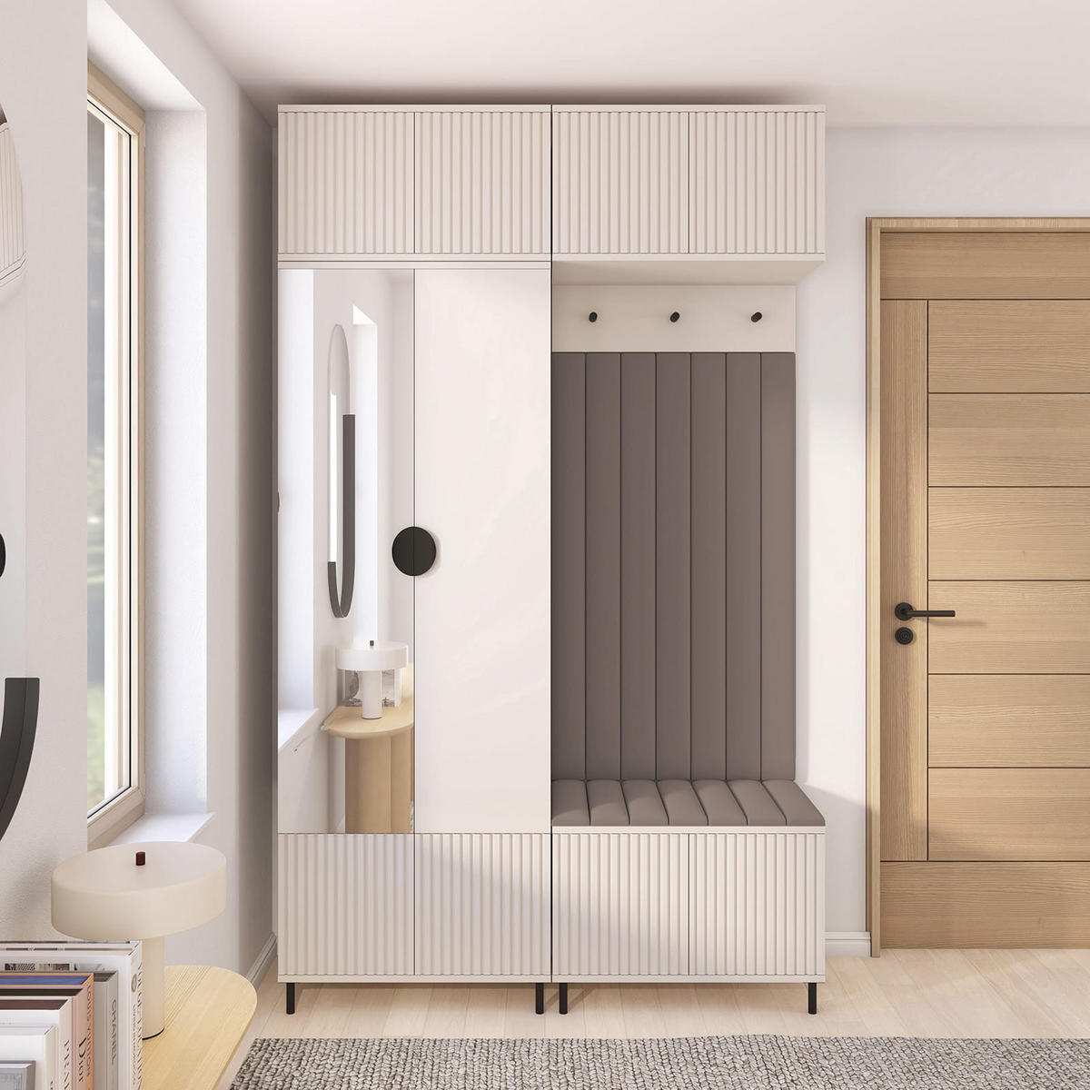 GARDEROBE Ritmo version 2 mit Spiegel, mit POLSTERPANEELEN BRAUN - Beige/Braun, Holzwerkstoff (140/235/40cm) - Jerpax