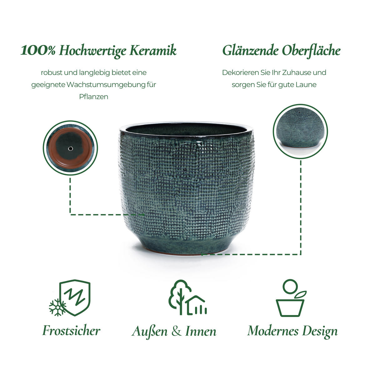 BLUMENTOPF Keramik Graugrün 40x36cm - Dunkelgrün, Keramik (34cm) - Hometopia