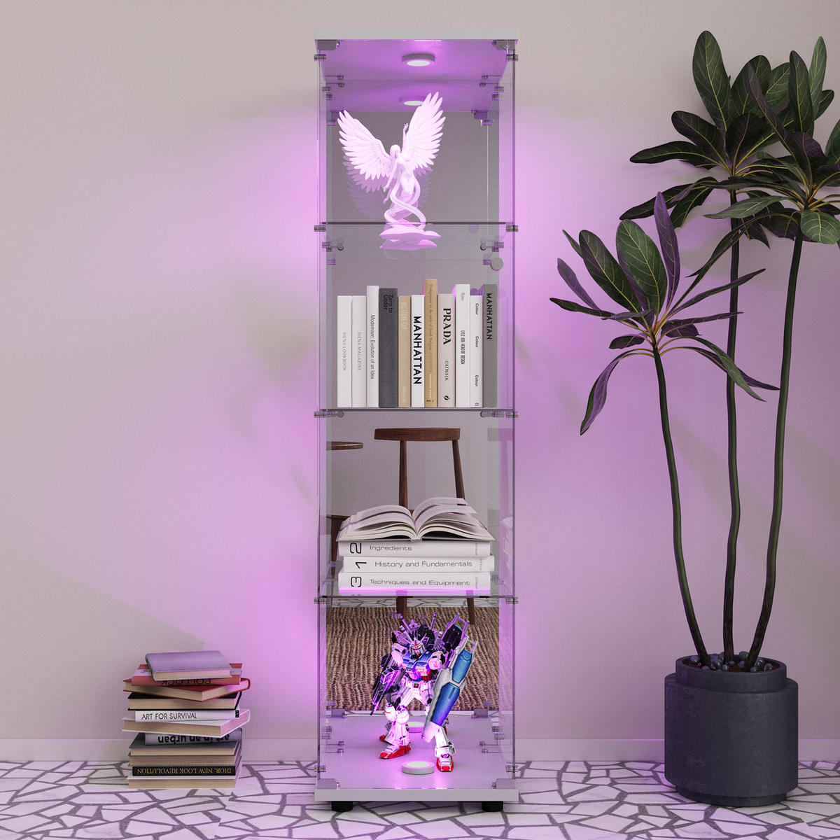 GLASVITRINE 4 Ebenen LED Glas Schrank weiß modern - Weiß, Holz (42.5/164/36.5cm) - LEBENLANG