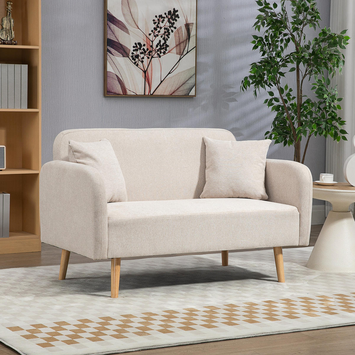 2 Sitzer Sofa, Couch mit 2 Wurfkissen, gepolsterter Doppelsofa mit Samtopik - Creme, Holz (70/80/130cm) - HOMCOM