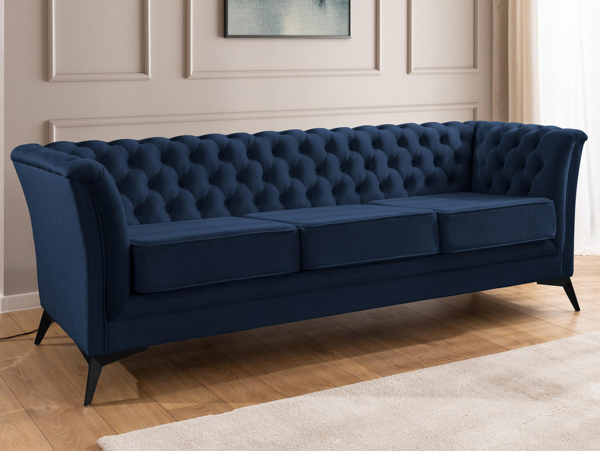 CHESTERFIELD-SOFA 3-sitzer Whitby Marineblau Samt mit schwarzen Füßen - Schwarz/Dunkelblau, Holz/Textil (237/78/82cm) - S-Style Möbel