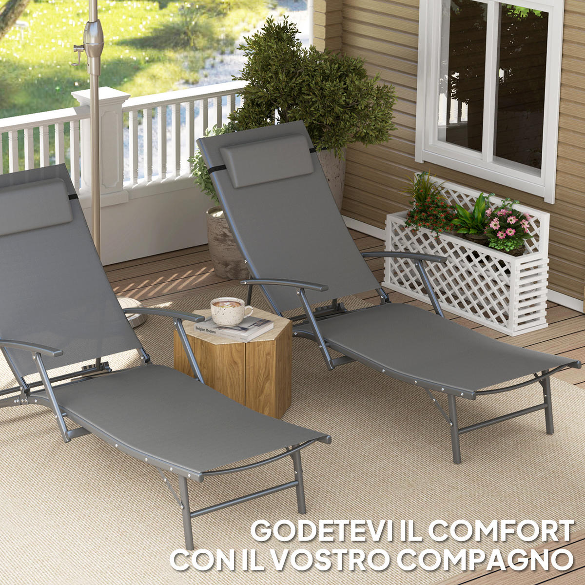 SONNENLIEGE Set mit 2 klappbaren Gartenstühlen mit 4-fach verstellbarer Rückenlehne und Kissen,154*64*87 cm ,Grau - Grau, Metall (64/87/154cm) - Vallsero