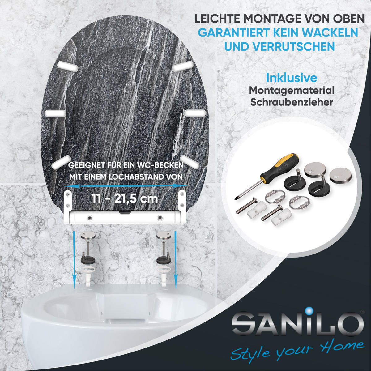 WC-SITZ mit Absenkautomatik Top Fix - Schwarz, Holzwerkstoff (38/5.5/47cm) - Sanilo