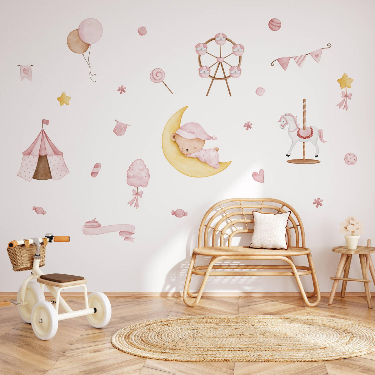 WANDSTICKER Teddybär auf dem Mond Sterne Ballons 60x30 - Gelb/Rosa, Papier (60/30/1cm) - Muralo