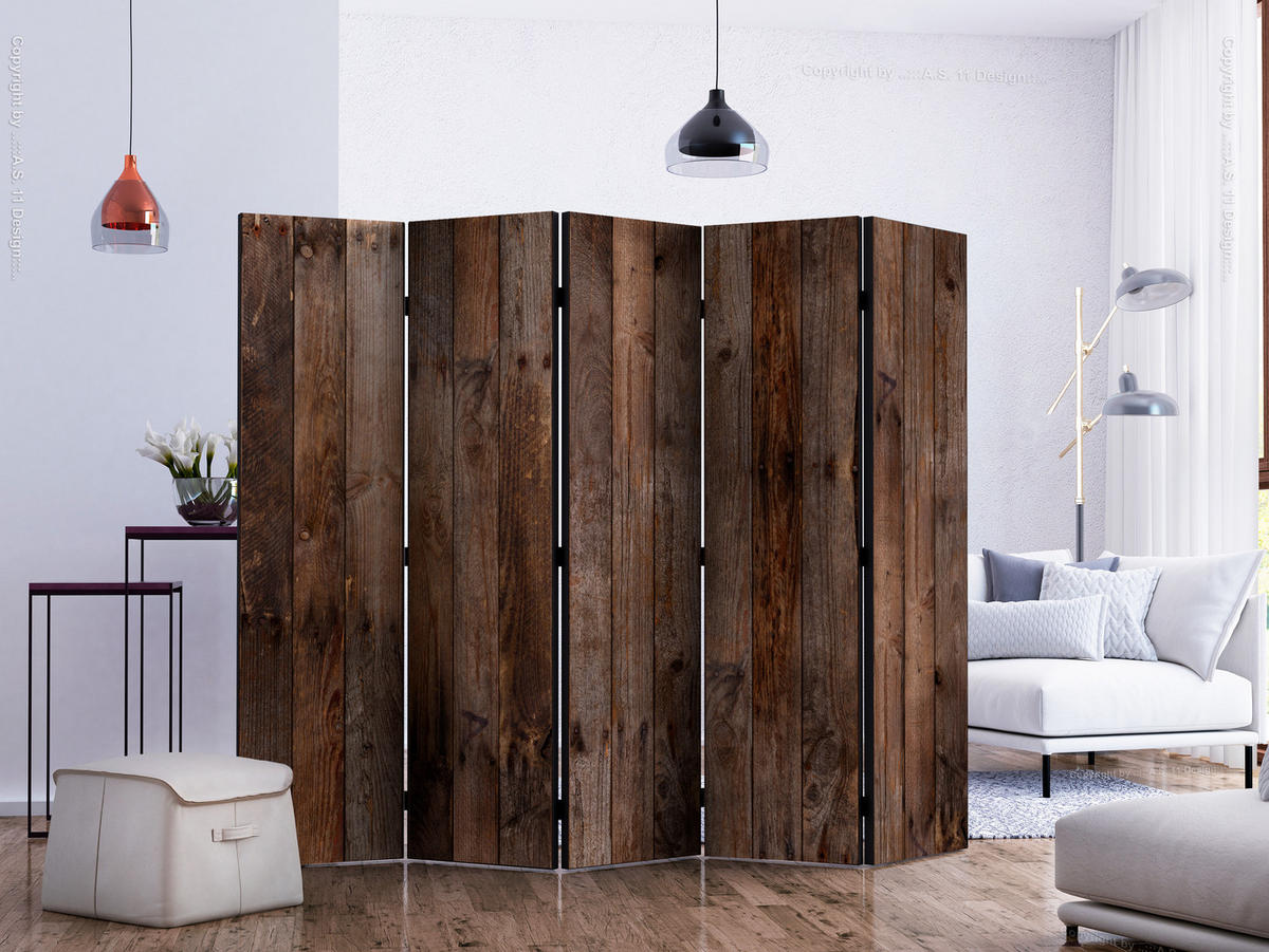 PARAVENT Beidseitig Bedruckter 5-tlg 225x172 cm Holzbrett Optik - Braun, Holz/Textil (225/172/3cm) - Muralo